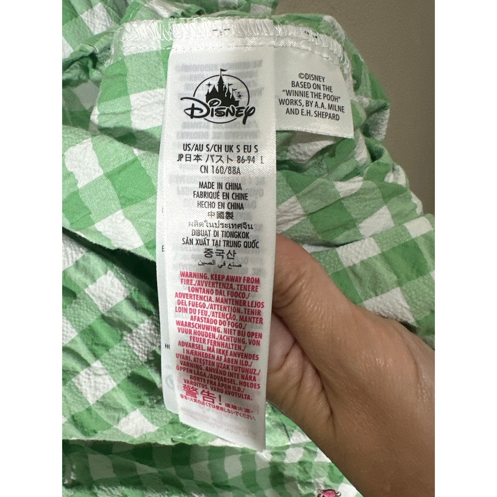 Disney Winnie the Pooh Top Womens S Green Gingham Seersucker Embroidered Blouse - Picture 5 of 5